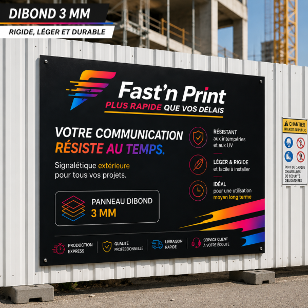 Panneau aluminium composite 3 mm imprime, signaletique exterieure et chantier Fast'nPrint
